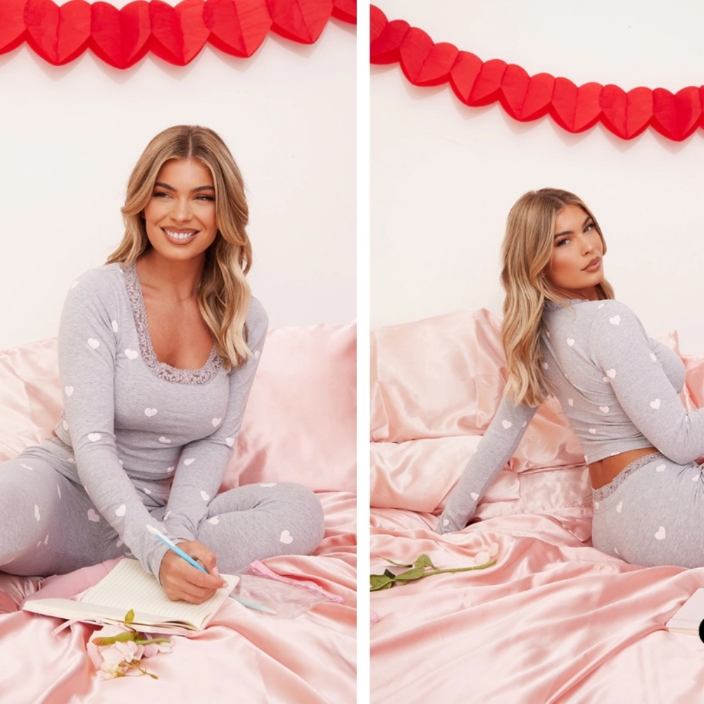PLT Grey Heart Print Jersey Lace Trim Long Sleeve PJ Top Small (UK Size)